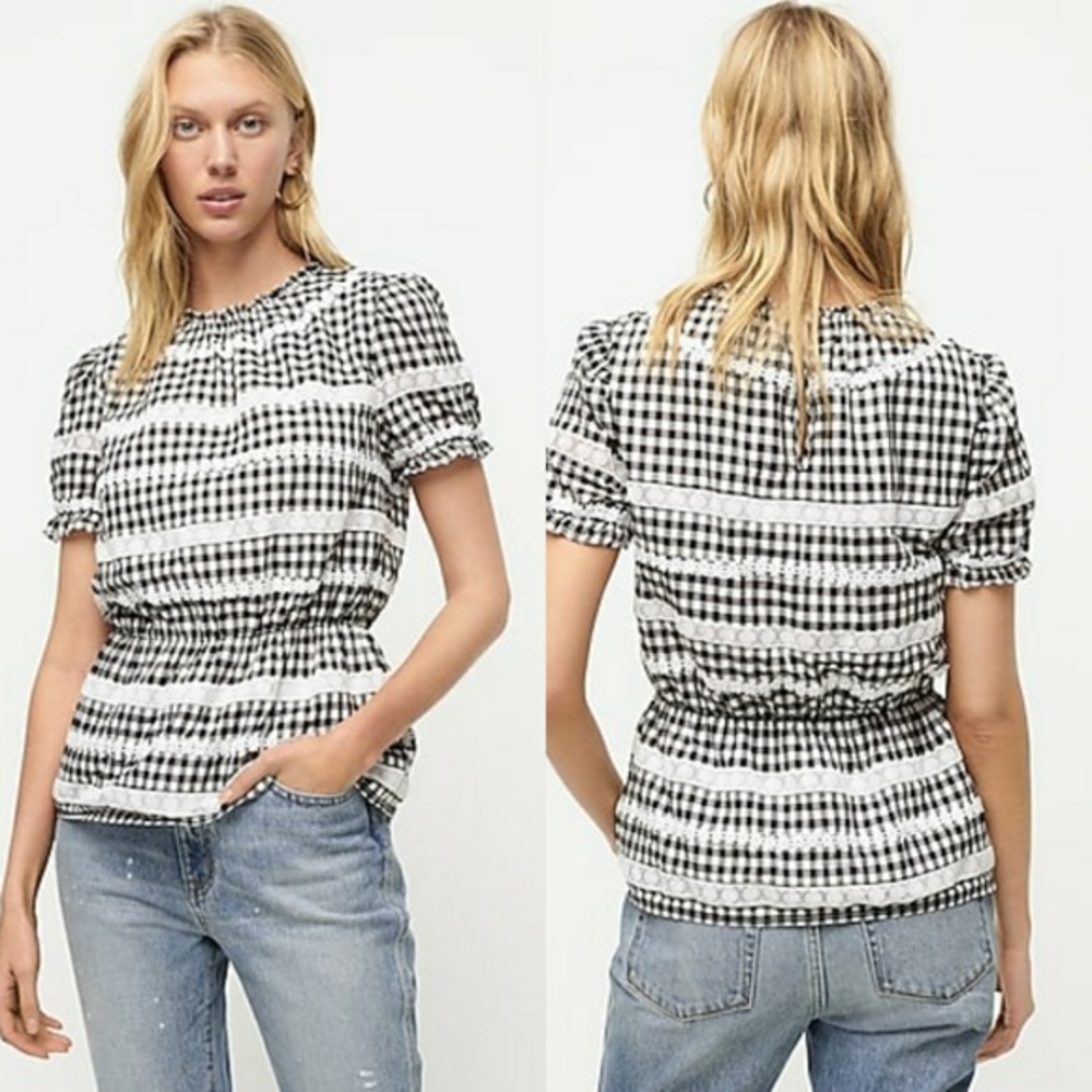 J. Crew Black and White Gingham Short Sleeve Blouse
